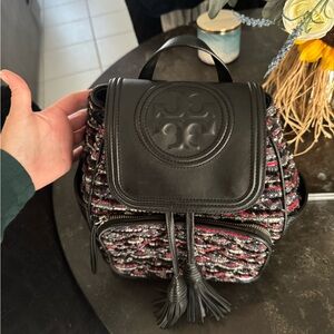 Tory Burch Gorgeous *2XHP*Fleming Multicolored Tweed and Black Leather Backpack